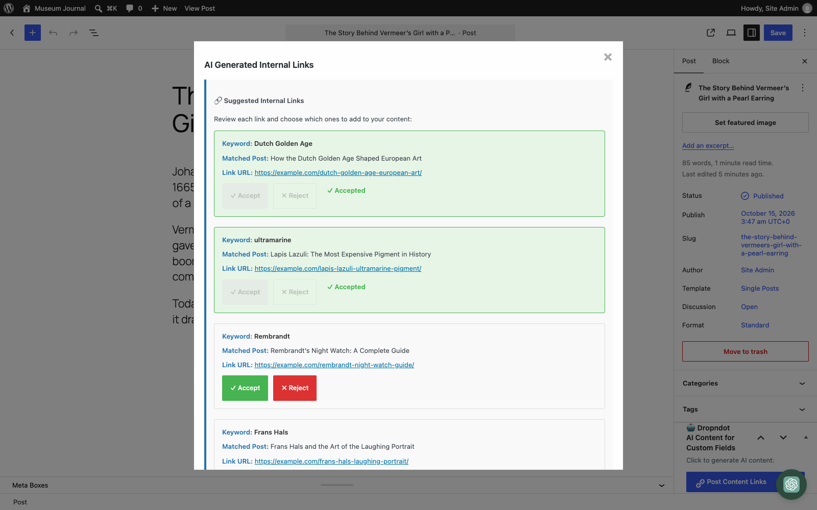 Internal links suggestion interface