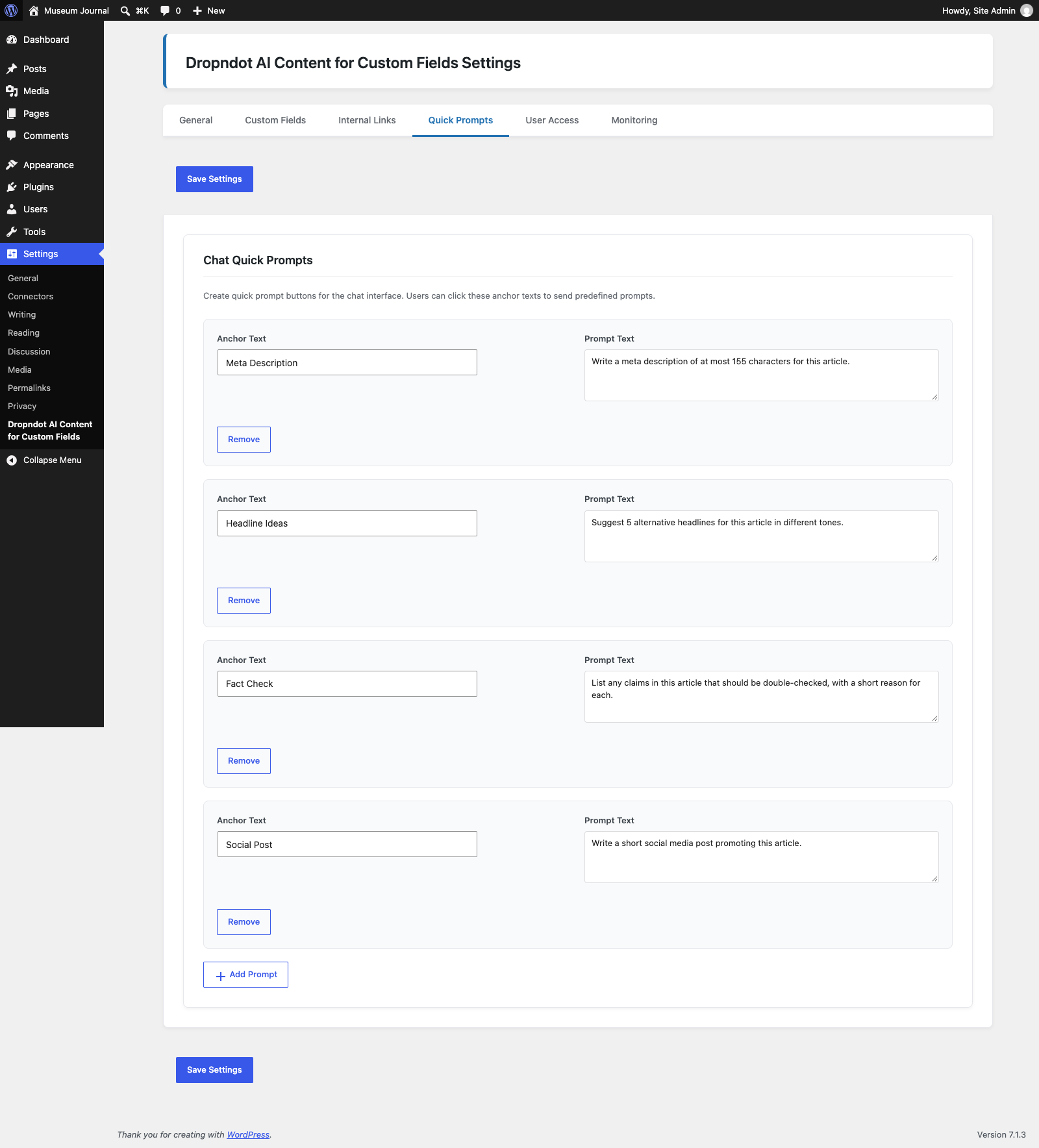 Quick prompts configuration