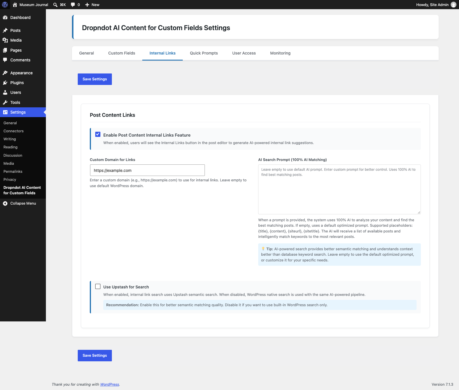 Internal links settings