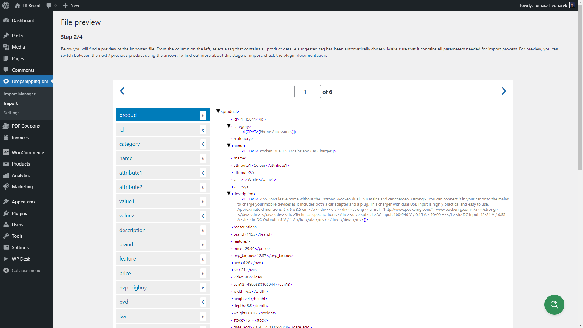 Choose the product feed node (branch) to import data in the File Preview