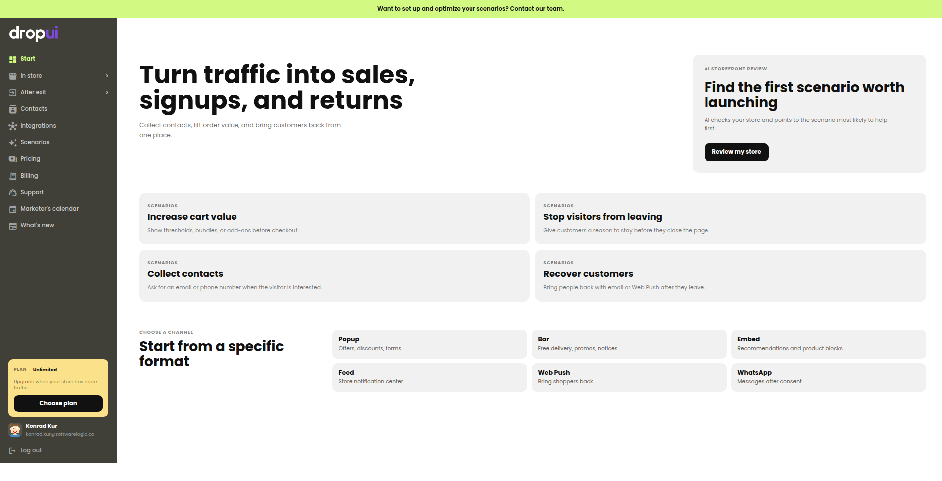 The DropUI dashboard, with goals and channels to start from.