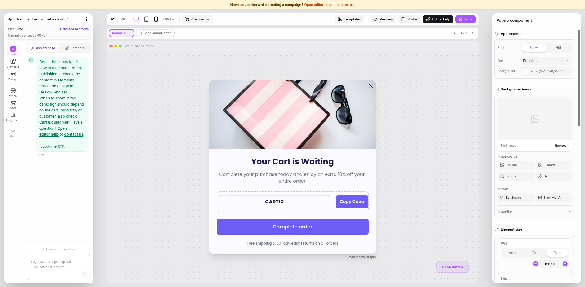 Building a cart recovery popup with the AI Assistant.