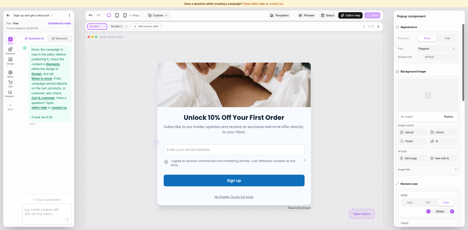 A lead-generation form collecting an email address and consent.