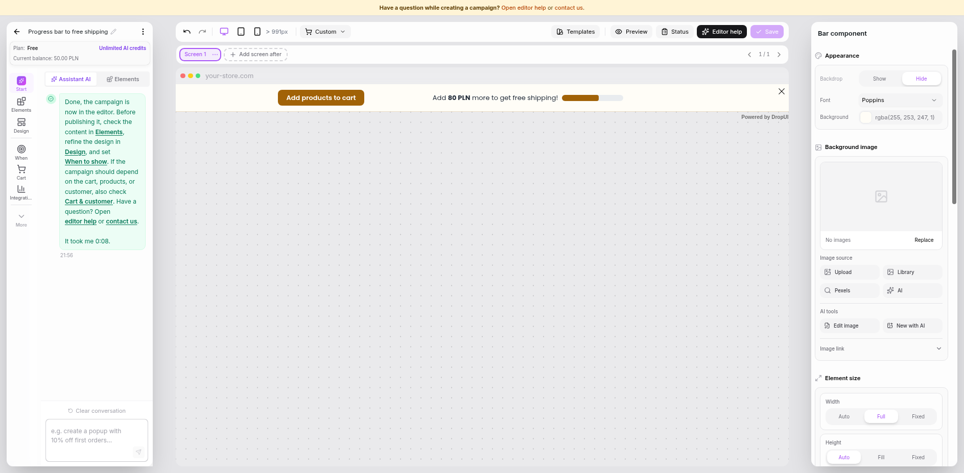 A free-shipping progress bar built in the editor.