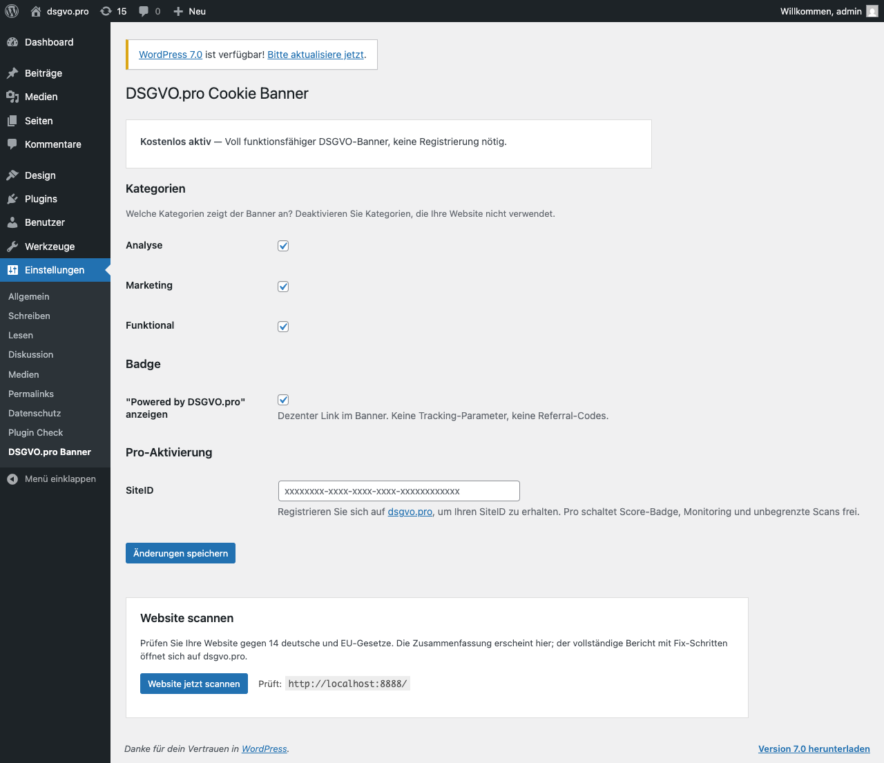 Settings in WP admin — adjust categories and enter a Pro SiteID