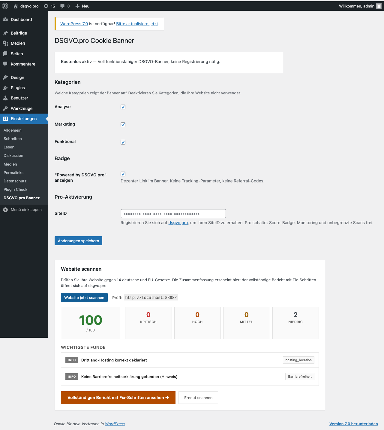 Compliance scan results directly in WP admin