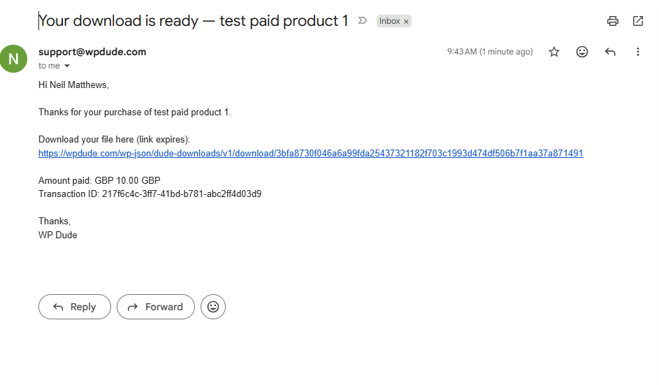 Customer download email.