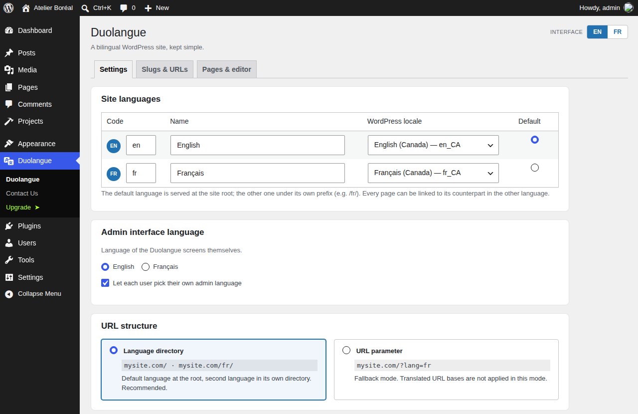 Settings: pick your two languages, their WordPress locales and how URLs are structured.