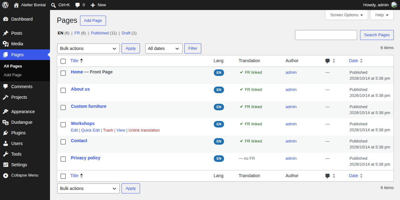 Every list screen gets language tabs, a language column and the translation status of each item.