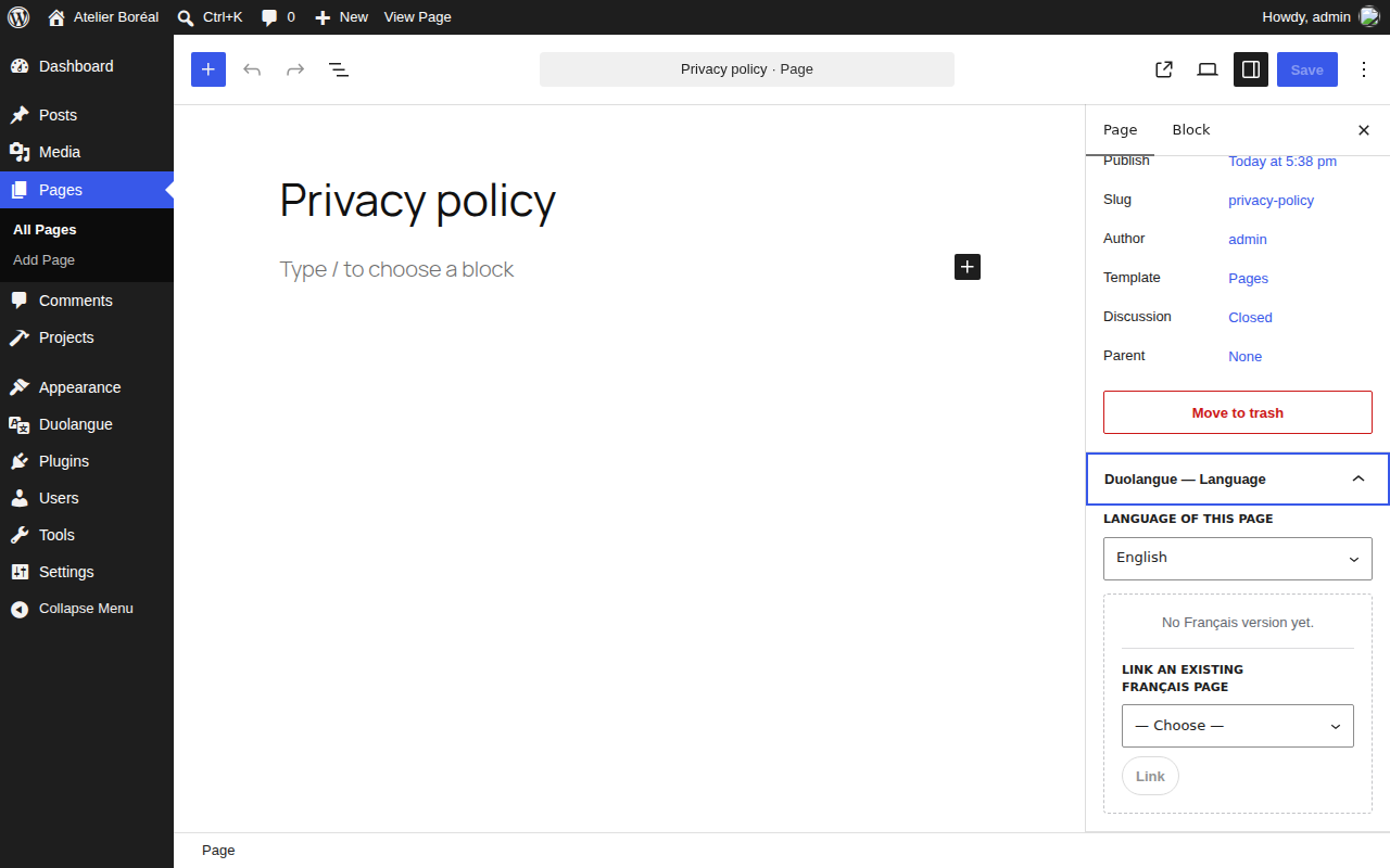 In the block editor, set the page language and link the page to its translation.