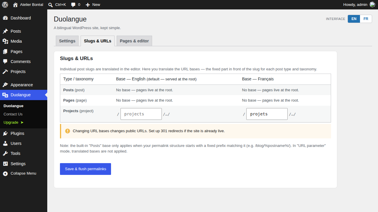 Translate the URL base of each post type, including custom post types.
