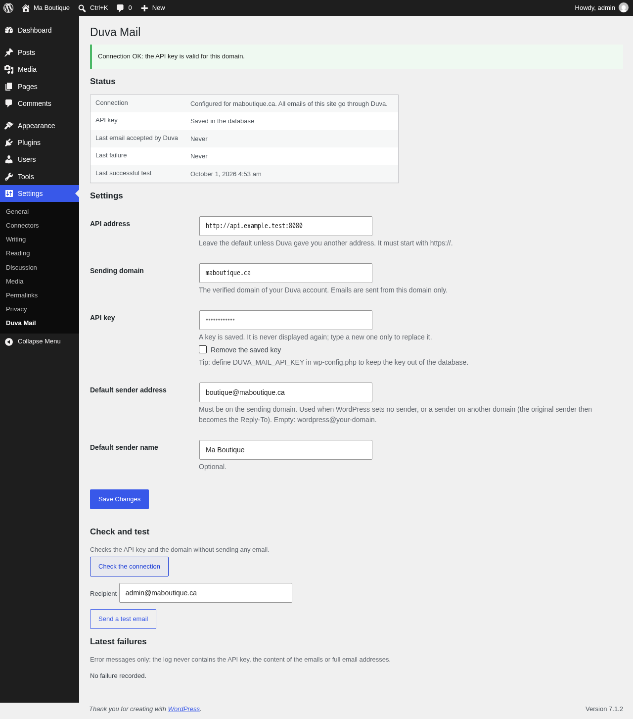 The settings screen: connection status, API address, sending domain, API key (never displayed), default sender, and the buttons to check the connection and send a test email.