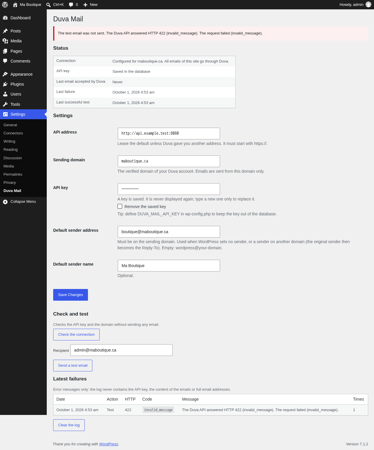 The "Latest failures" table with the HTTP status, the Duva error code and a message, shown after a failed test email.