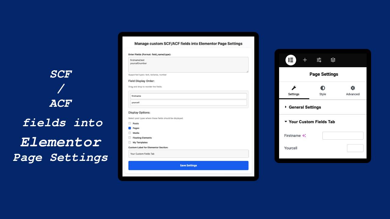 Plugin Page1. Elementor Page Settings with custom fields added.