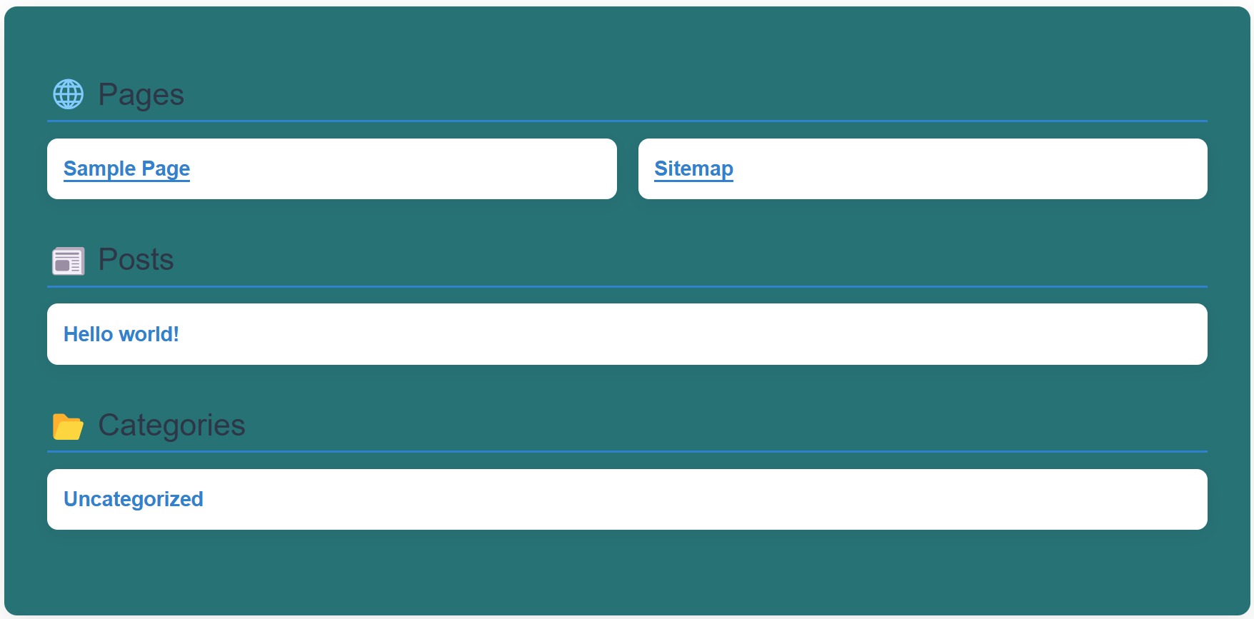 Sitemap Example
A dynamically generated HTML sitemap displaying pages, posts, and categories.