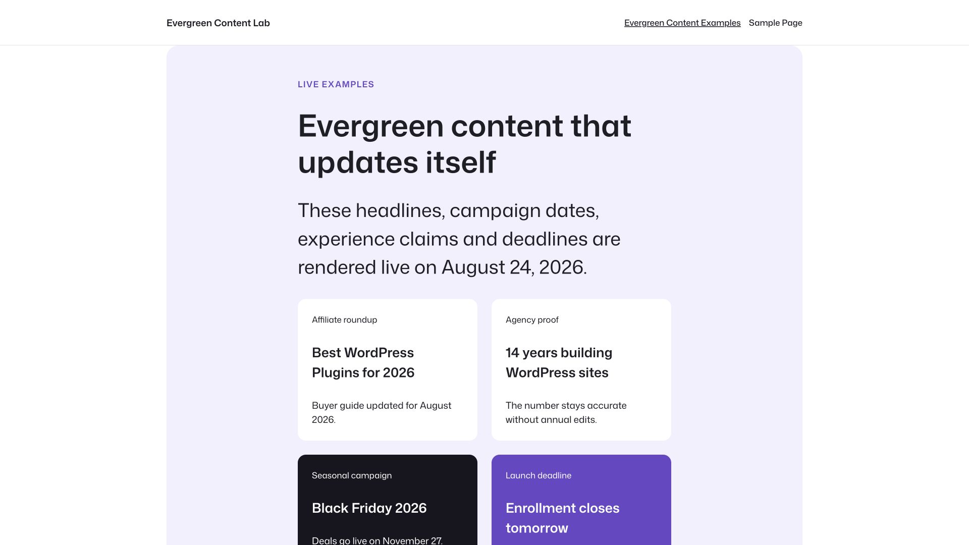 Real-world evergreen content examples on the Ollie theme and WordPress 7.1