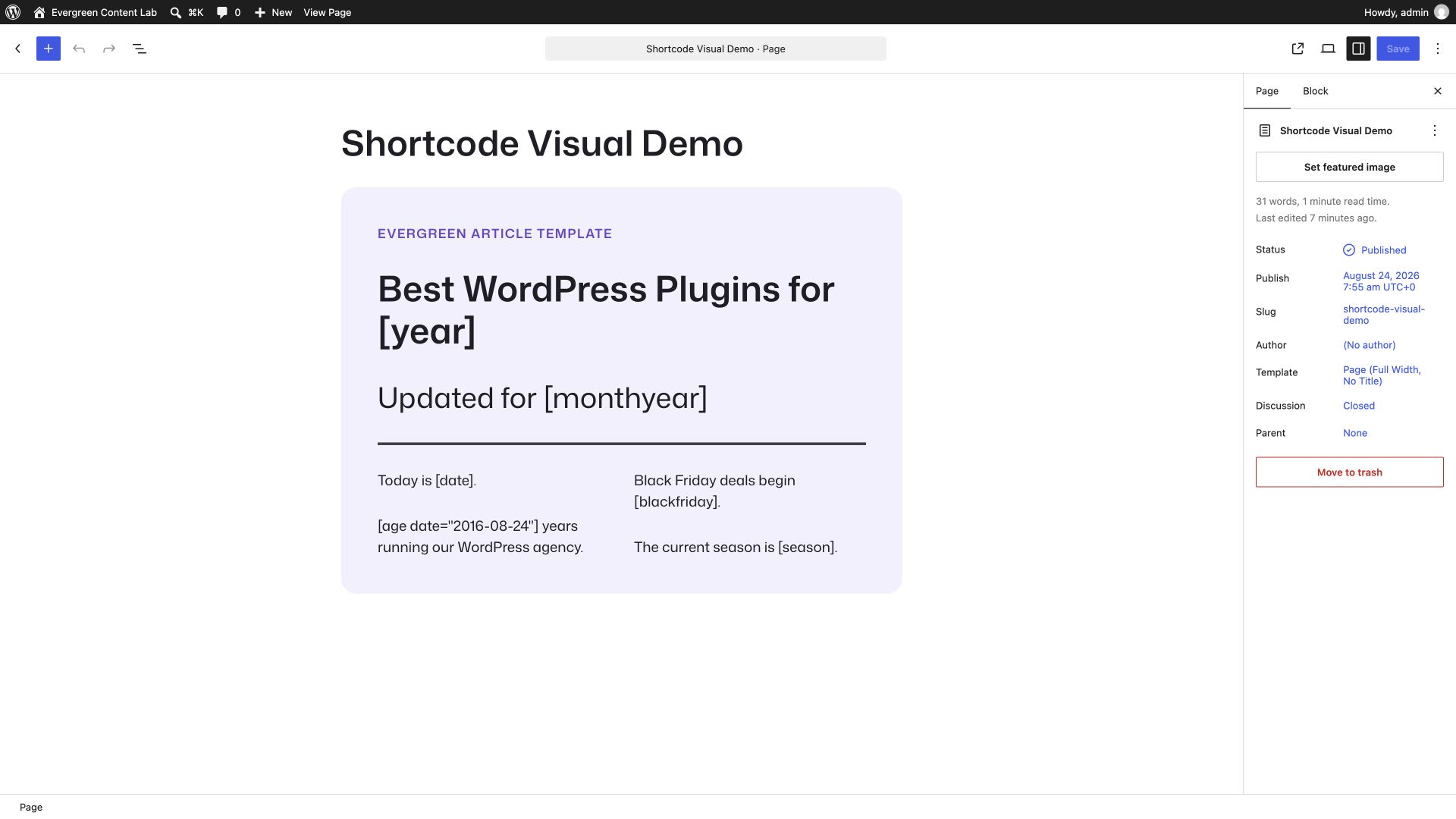 Literal date shortcodes in the visual Block Editor using the Ollie page layout
