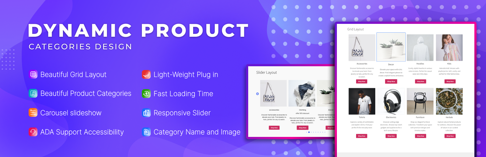 WordPress 外掛 Dynamic Product Category Grid, Slider for WooCommerce 的封面圖片。