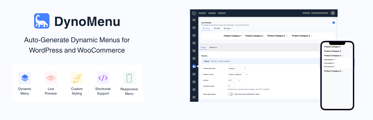 WordPress 外掛 DynoMenu – Auto-Generate Dynamic Menus for WordPress and WooCommerce 的封面圖片