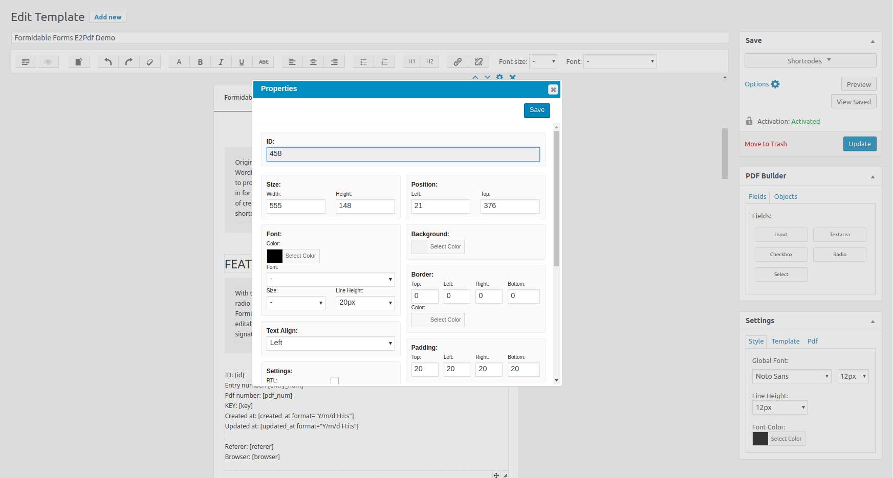 PDF Template Object properties.