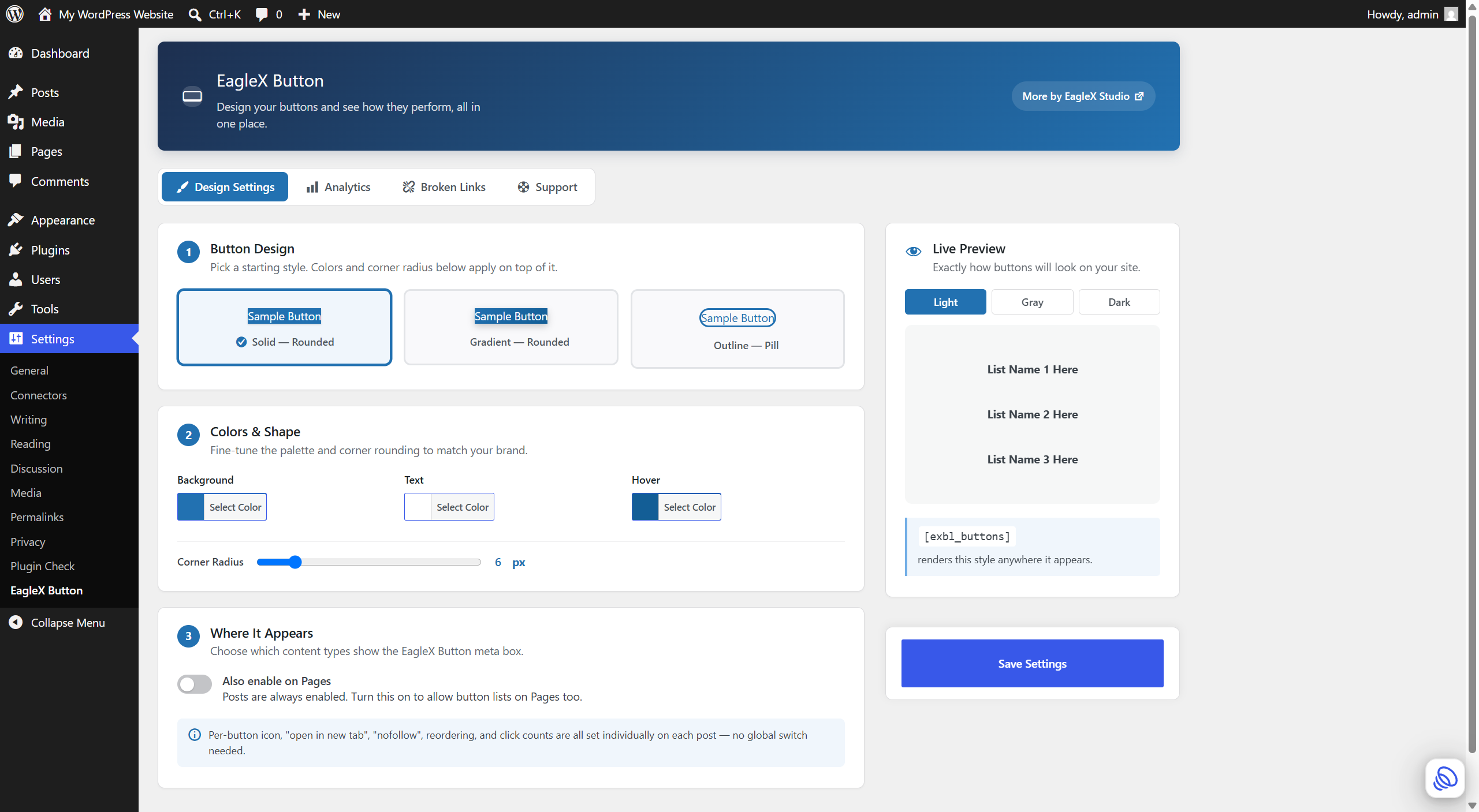 Enable button links on a post and add a name and URL for each button.