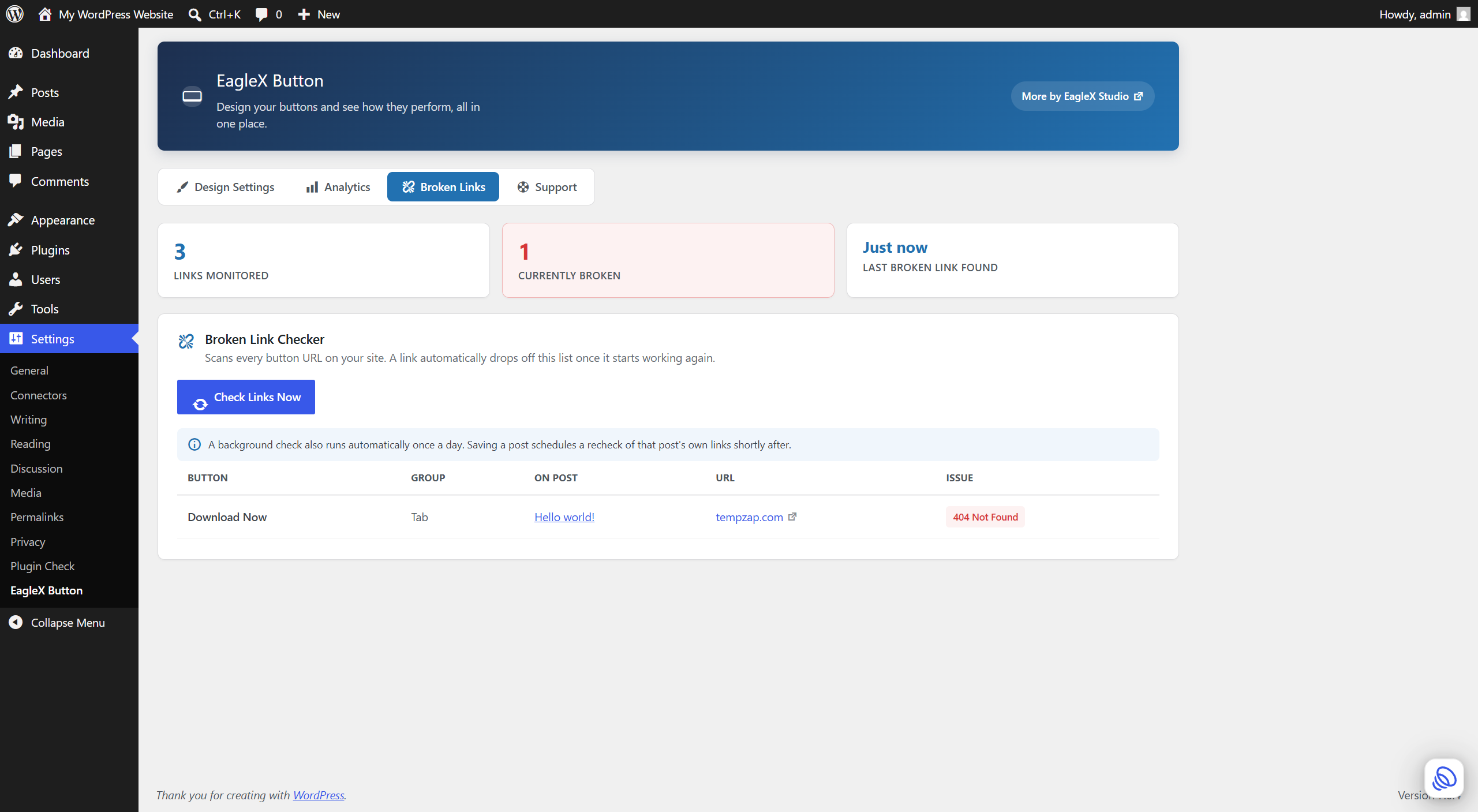 The Broken Links tab with a live scan in progress.