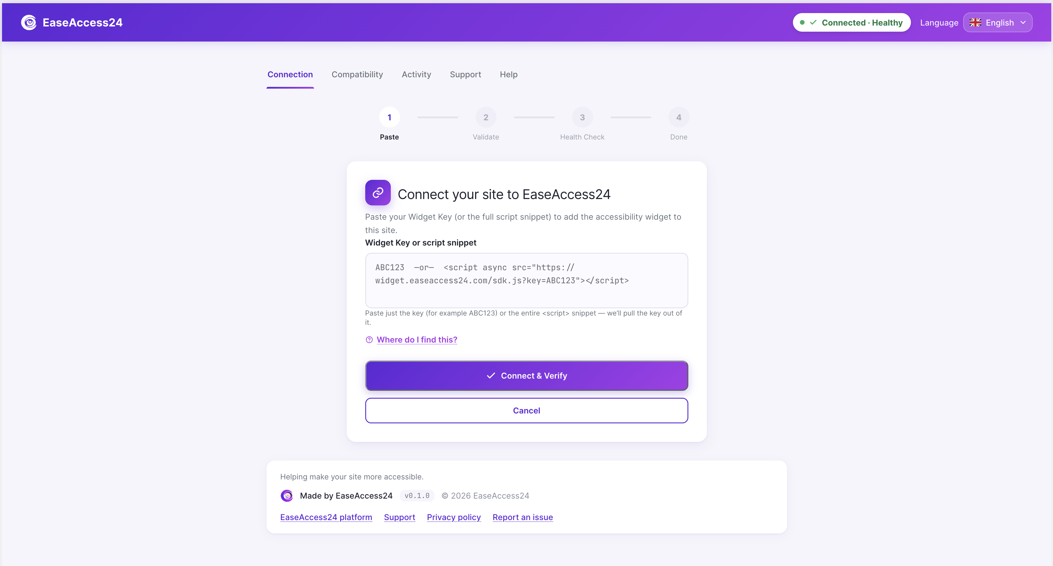 Connect your site — paste your Widget Key or a full script snippet to link your site to EaseAccess24.