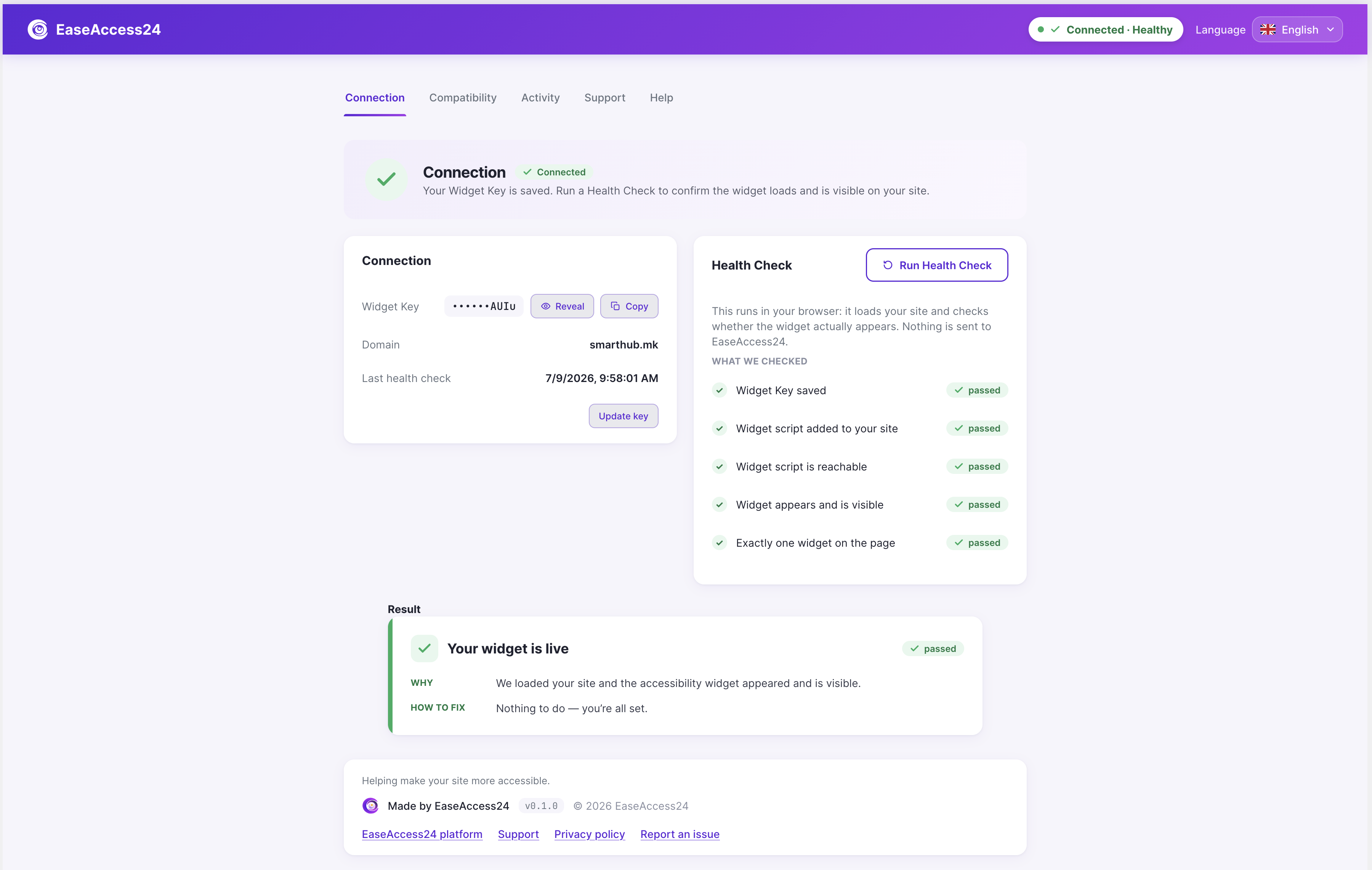 Connection dashboard — connected & healthy status with live Health Check results.