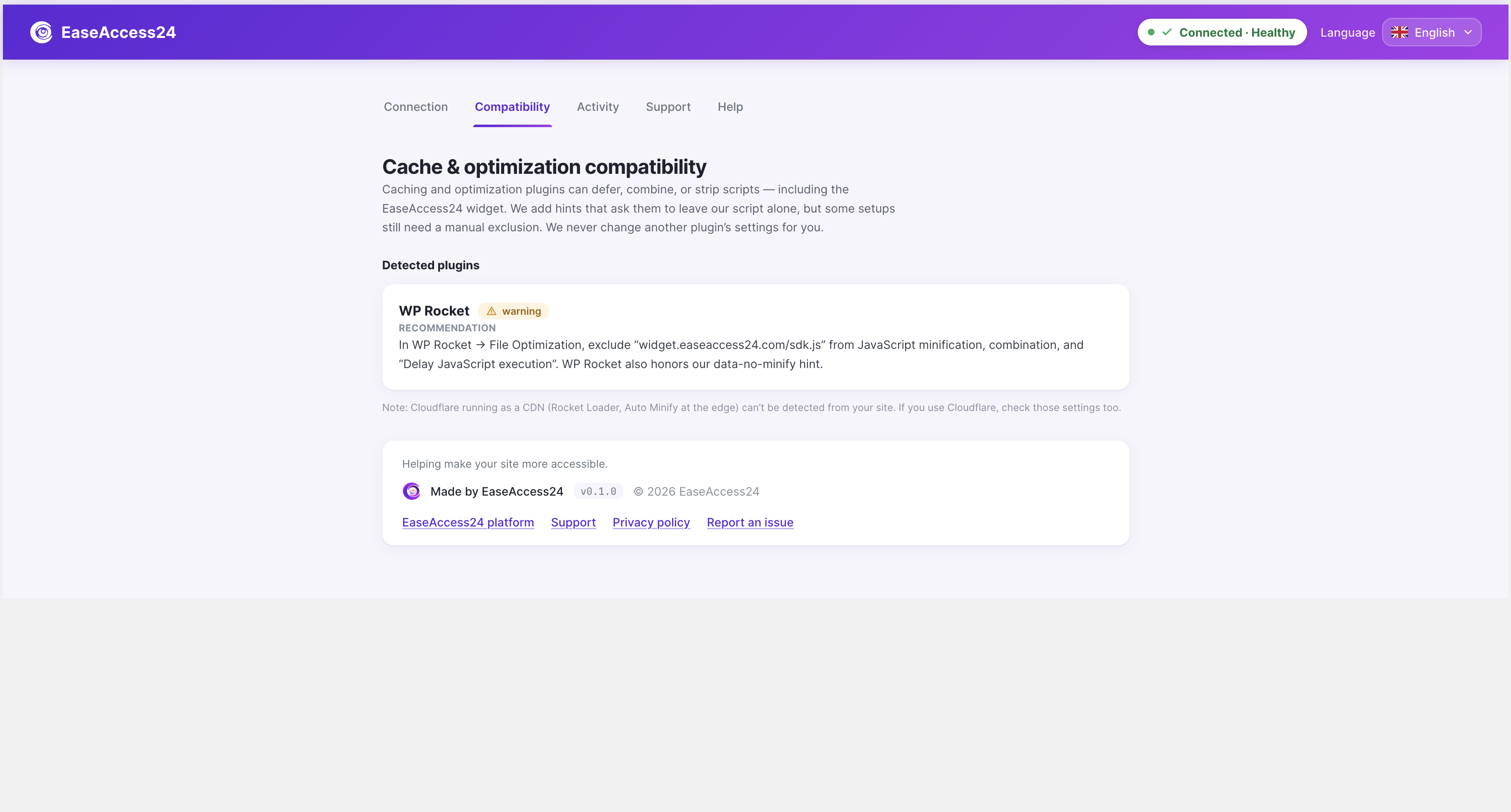 Compatibility tab — detects cache/optimization plugins (e.g. WP Rocket) and recommends safe exclusions.