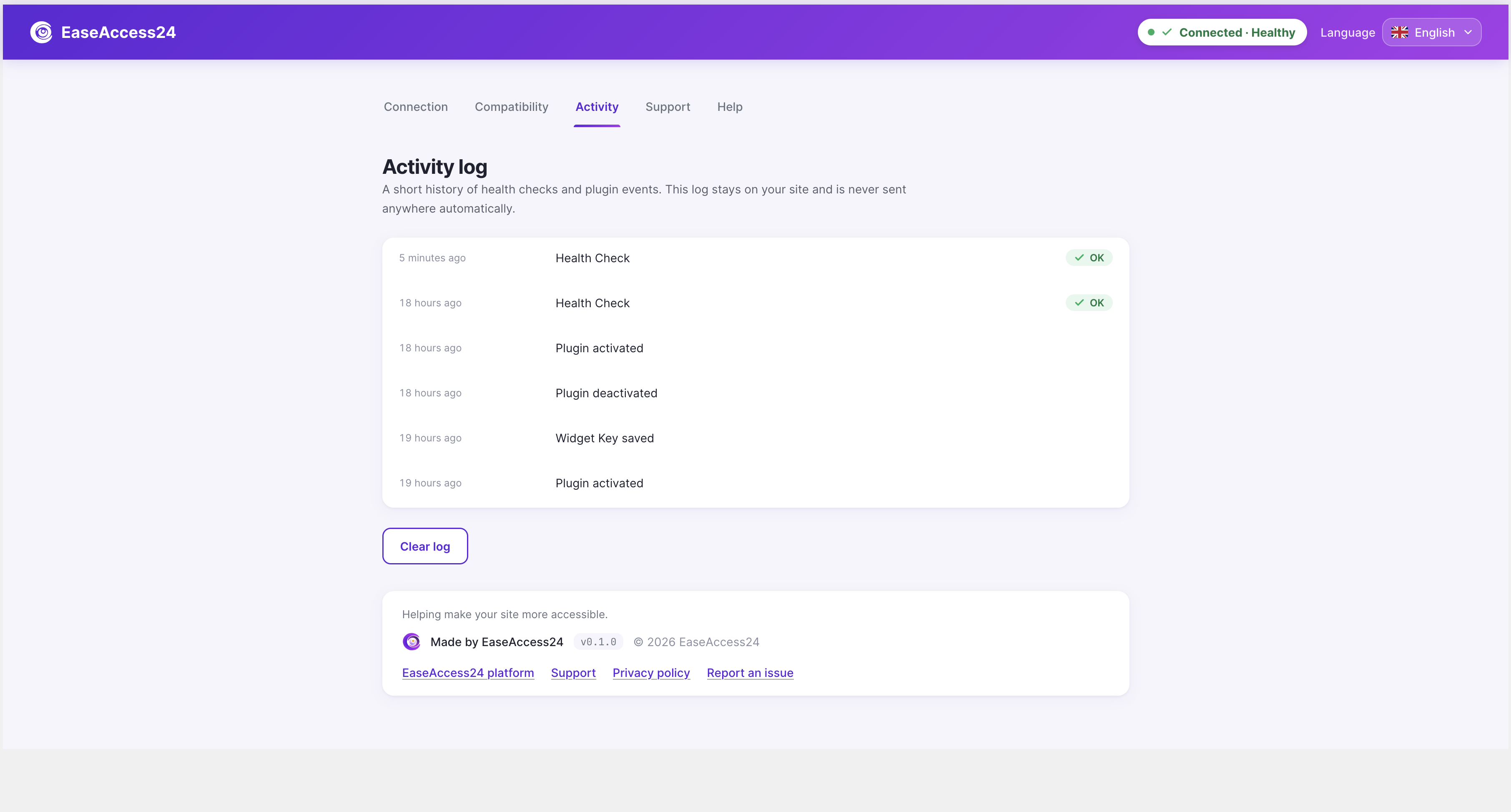 Activity log — a local, timestamped history of health checks and plugin events.
