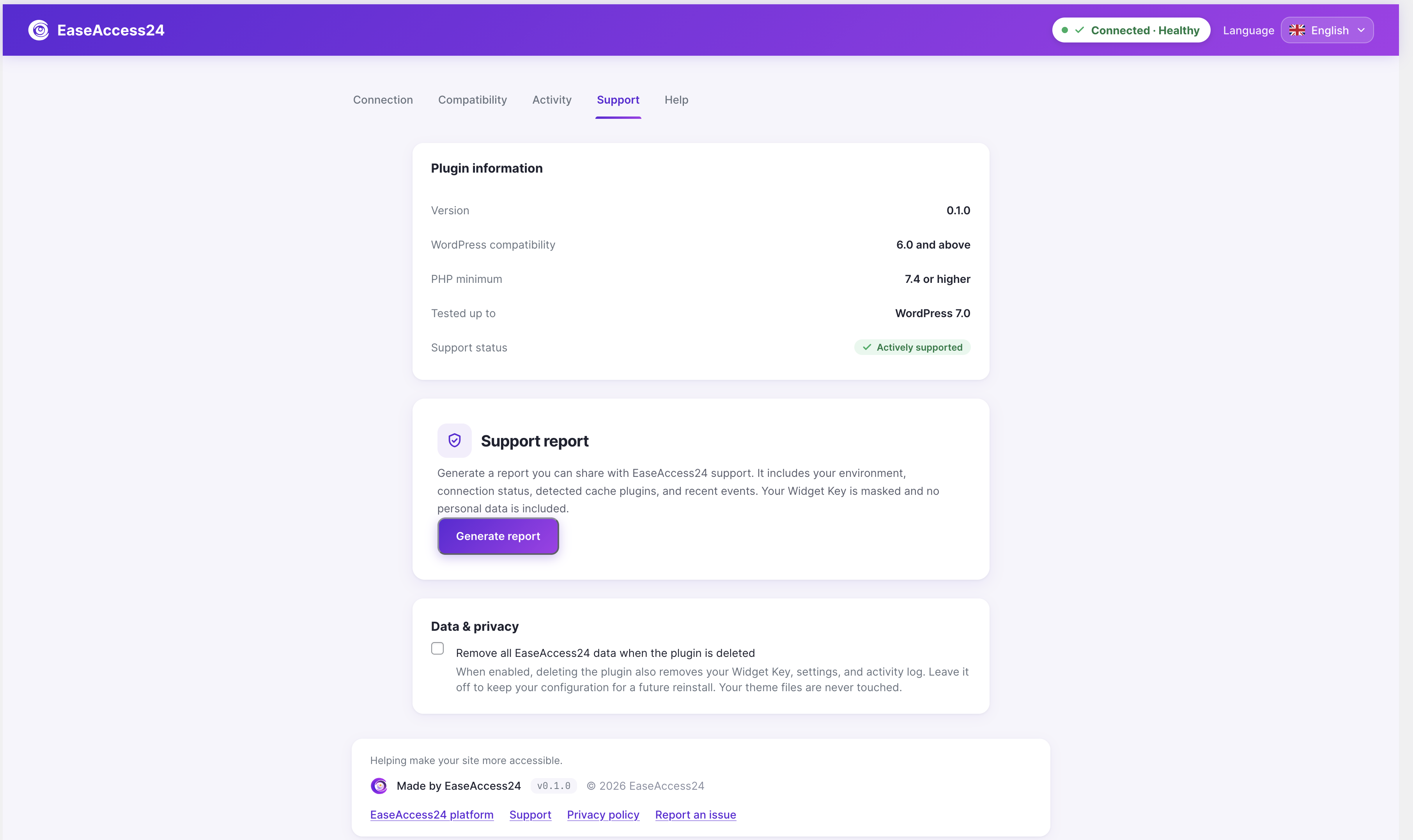 Support tab — plugin information, one-click Support Report generation, and the opt-in data-removal control.