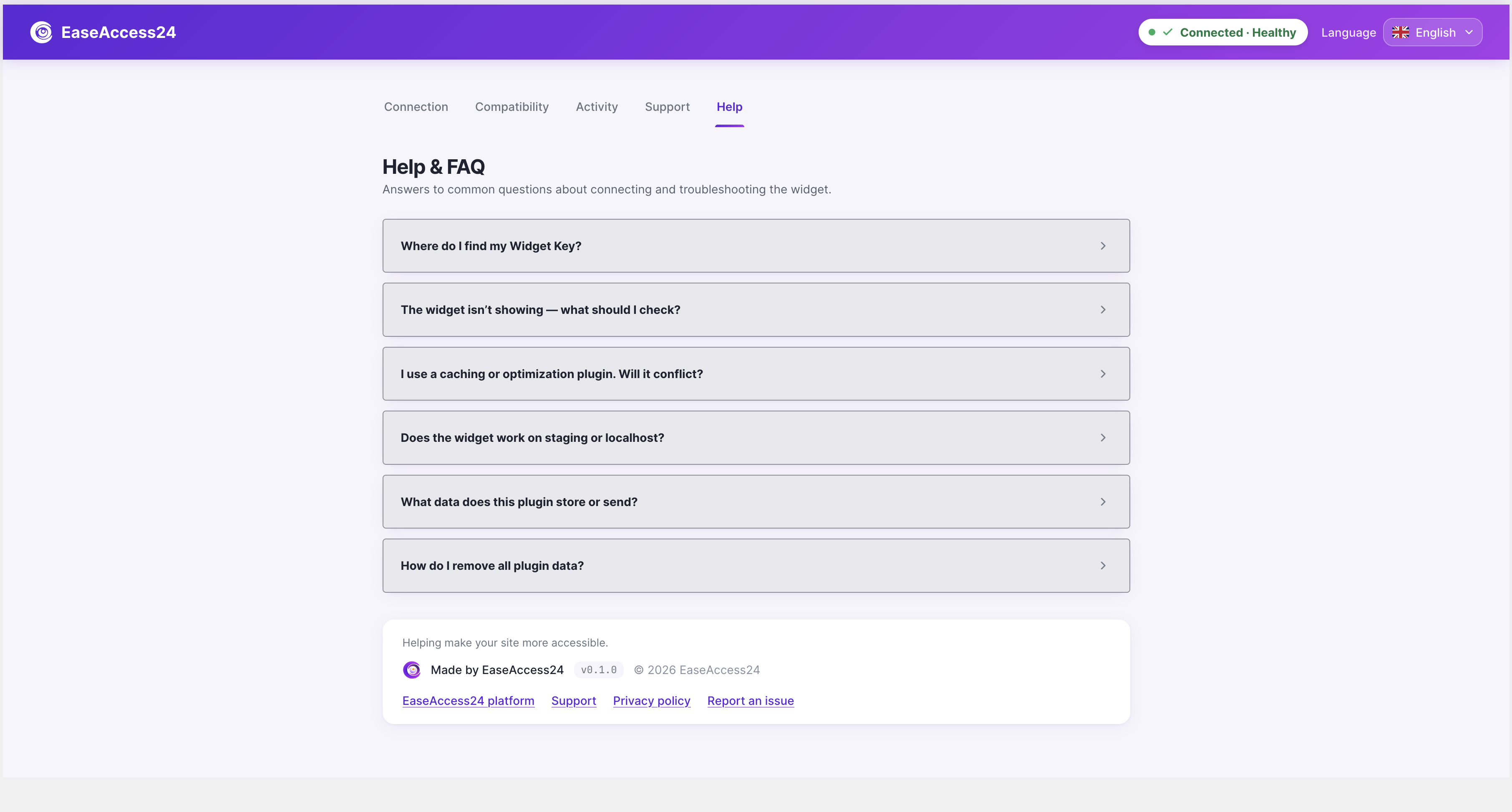 Help & FAQ — built-in answers to common connection and troubleshooting questions.