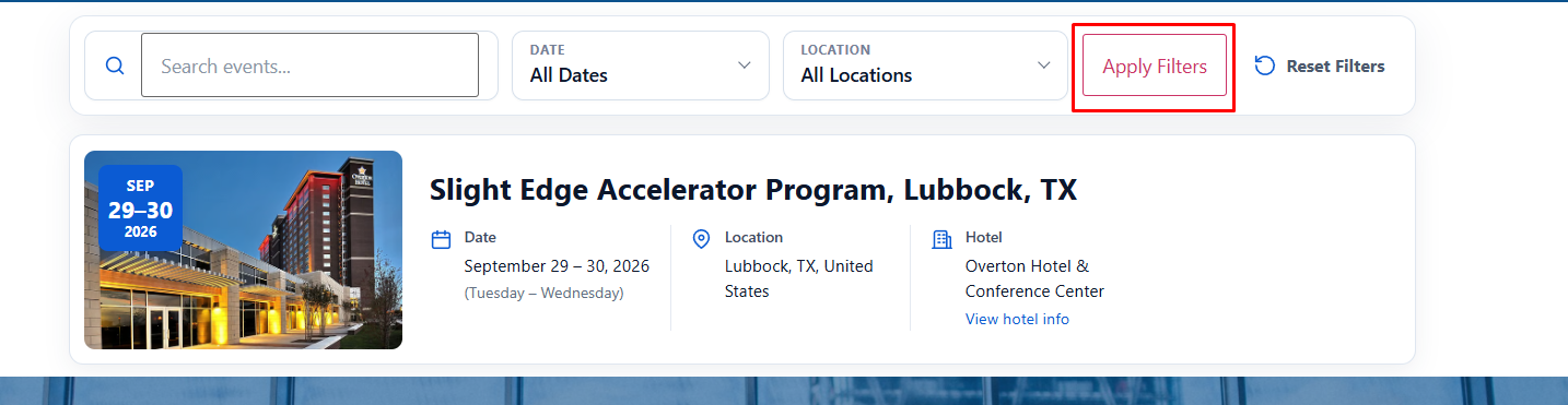 Responsive event listing with search, date, and location filters.