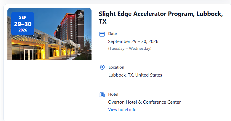 Tablet event-card layout with multi-day date badge, location, and hotel information.