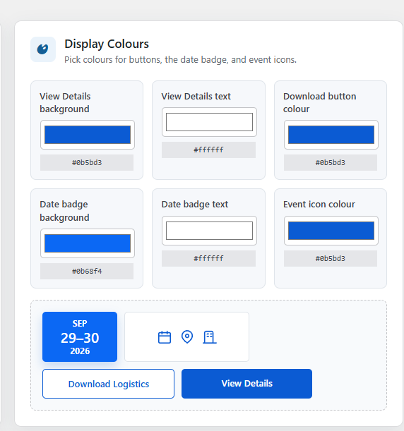 Display Colours settings with live previews and editable colour controls.