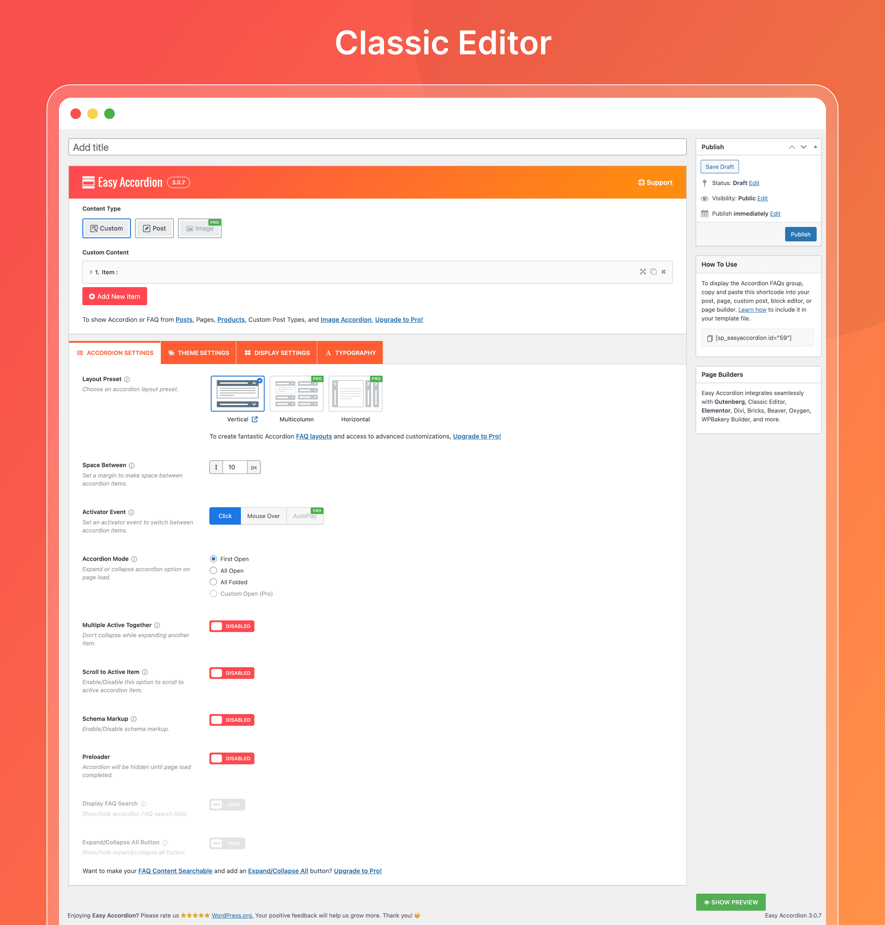 Classic Shortcode Editor - Traditional editor interface