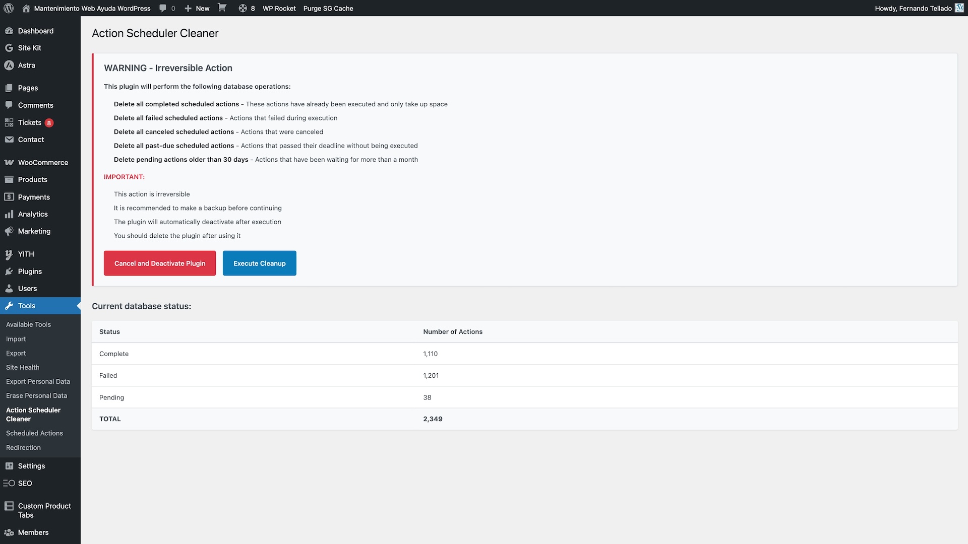 Warning screen showing actions to be performed and current database status