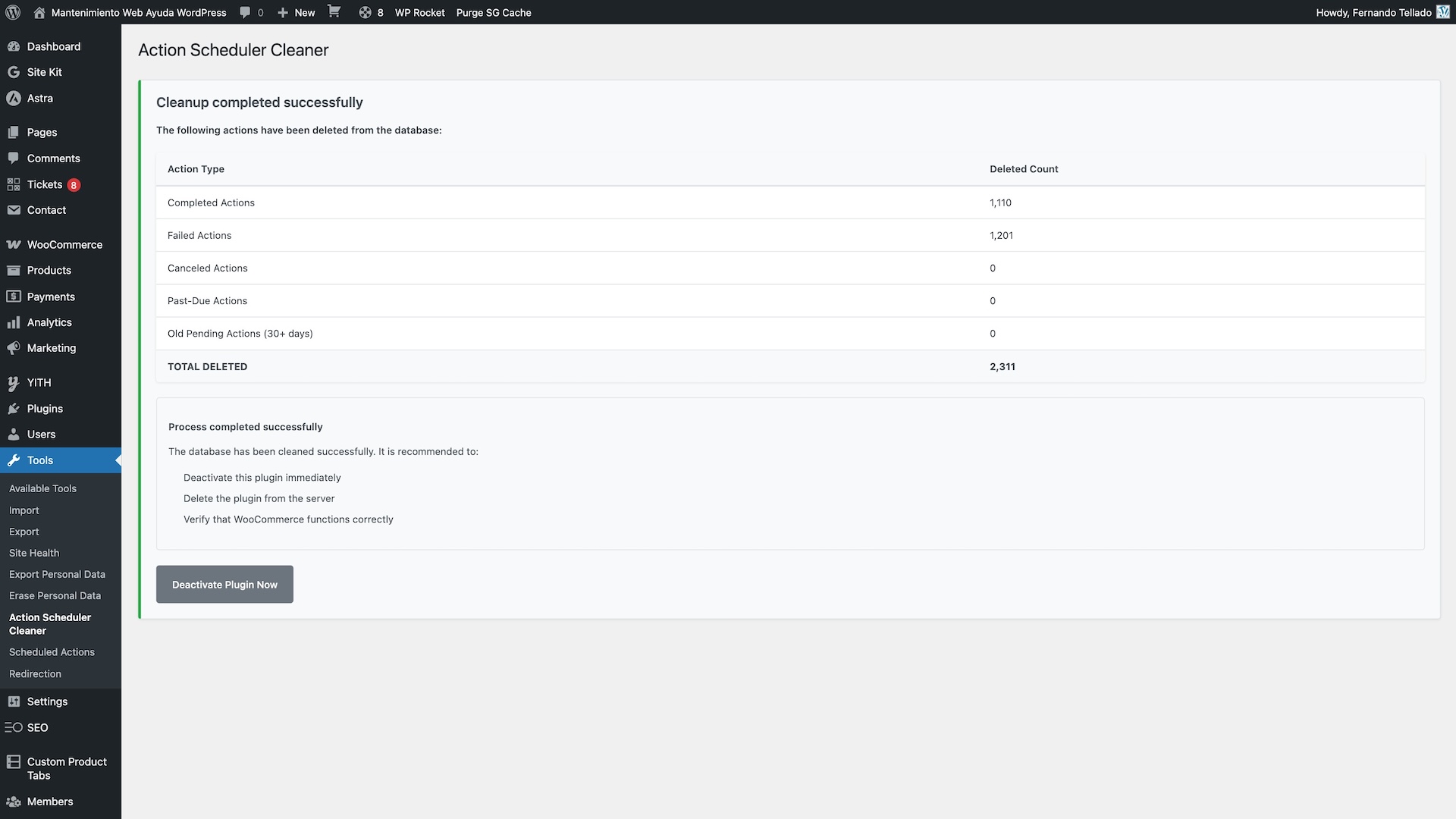 Results screen showing detailed cleanup statistics including logs