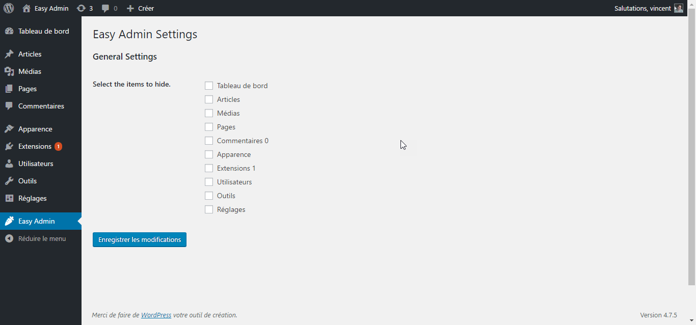 This is the Easy Admin settings page. Super simple.