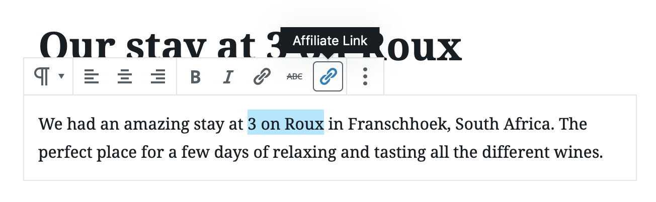 Affiliate links integrated into the Gutenberg Block Editor paragraphs