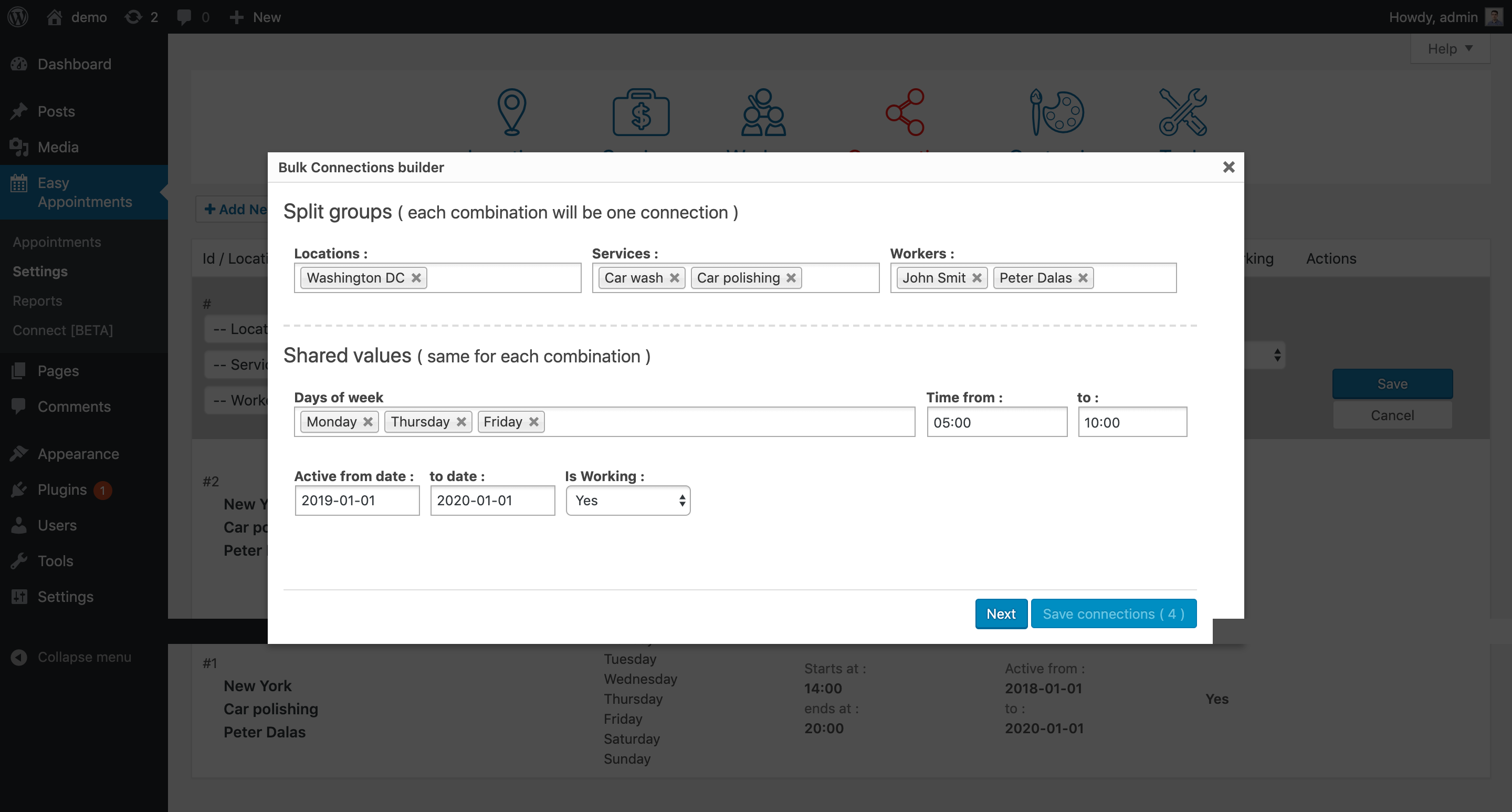 Admin panel - Settings - Bulk connection creation