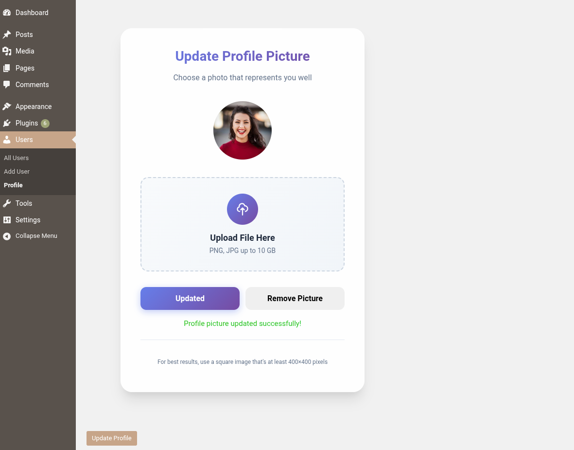 Custom profile picture upload option on the user profile page.