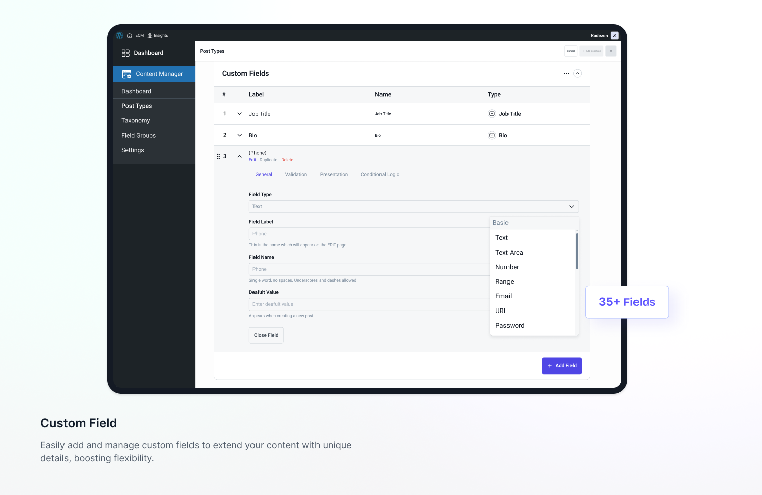 Easy Content Manager (ECM) – Powerful Custom Post types, Fields, Taxonomy & Settings Builder - Screenshot 1