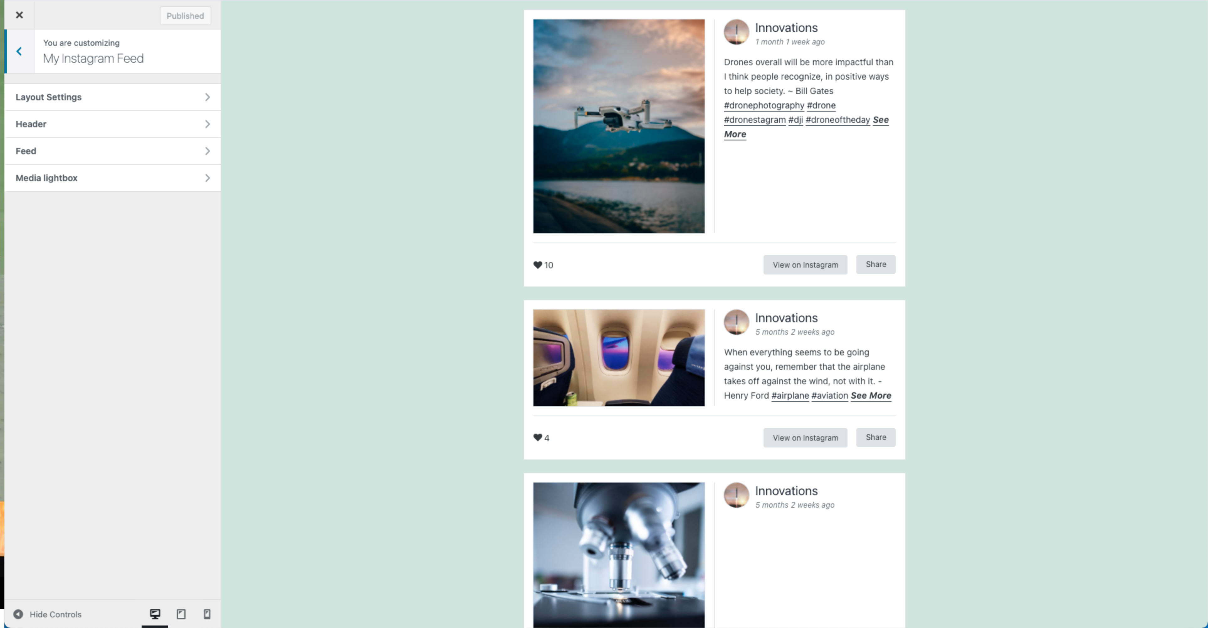 Instagram Feed customisation options