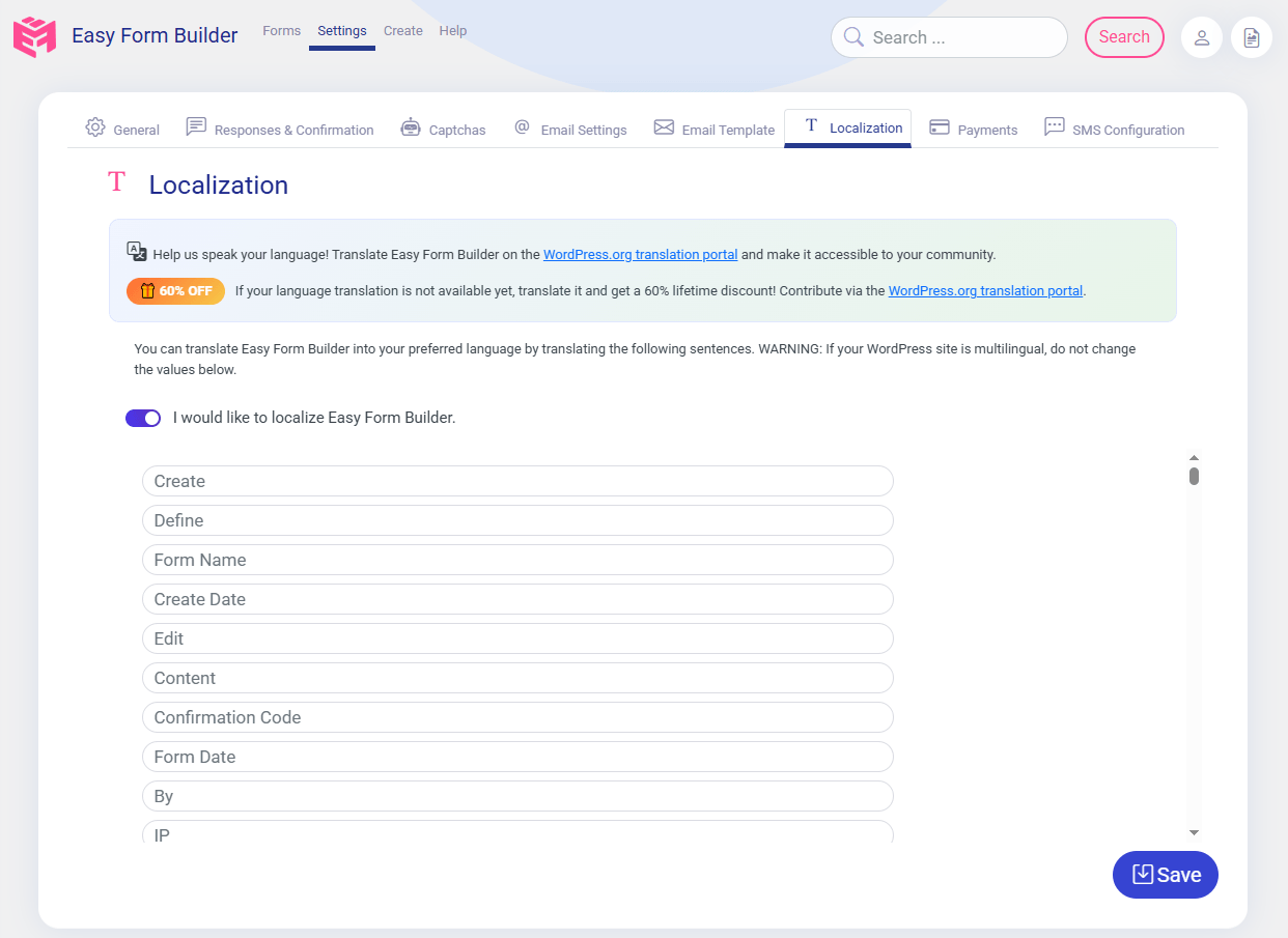 Localization Easy Form Builder to your language