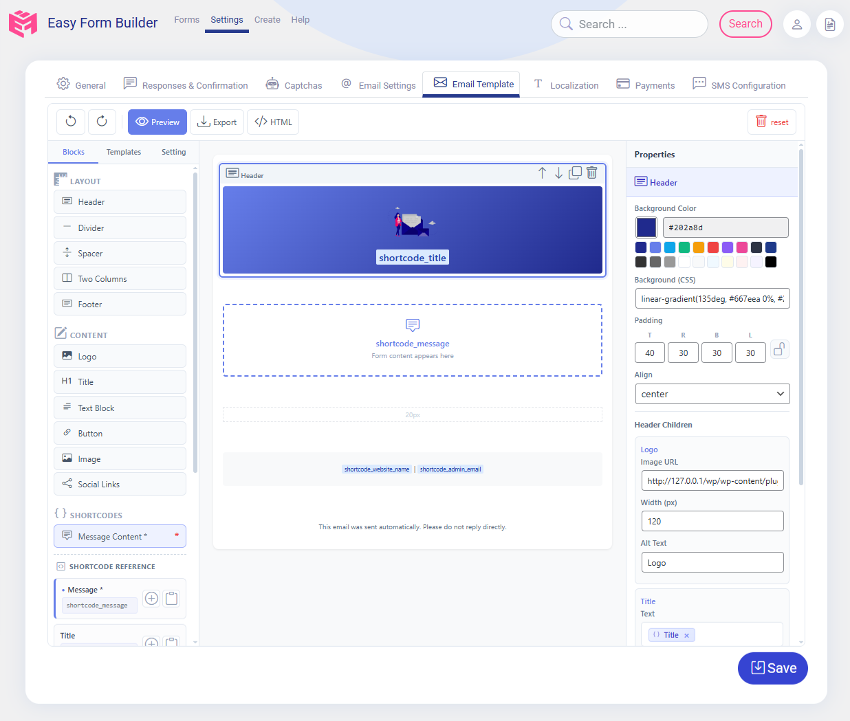 Email template Editor of Easy Form Builder