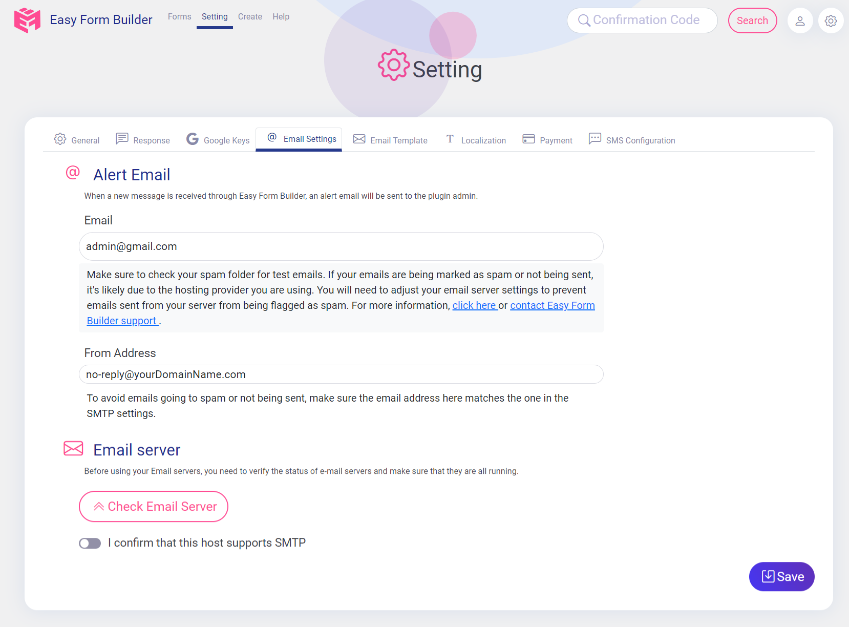 Email Setting of Easy Form Builder