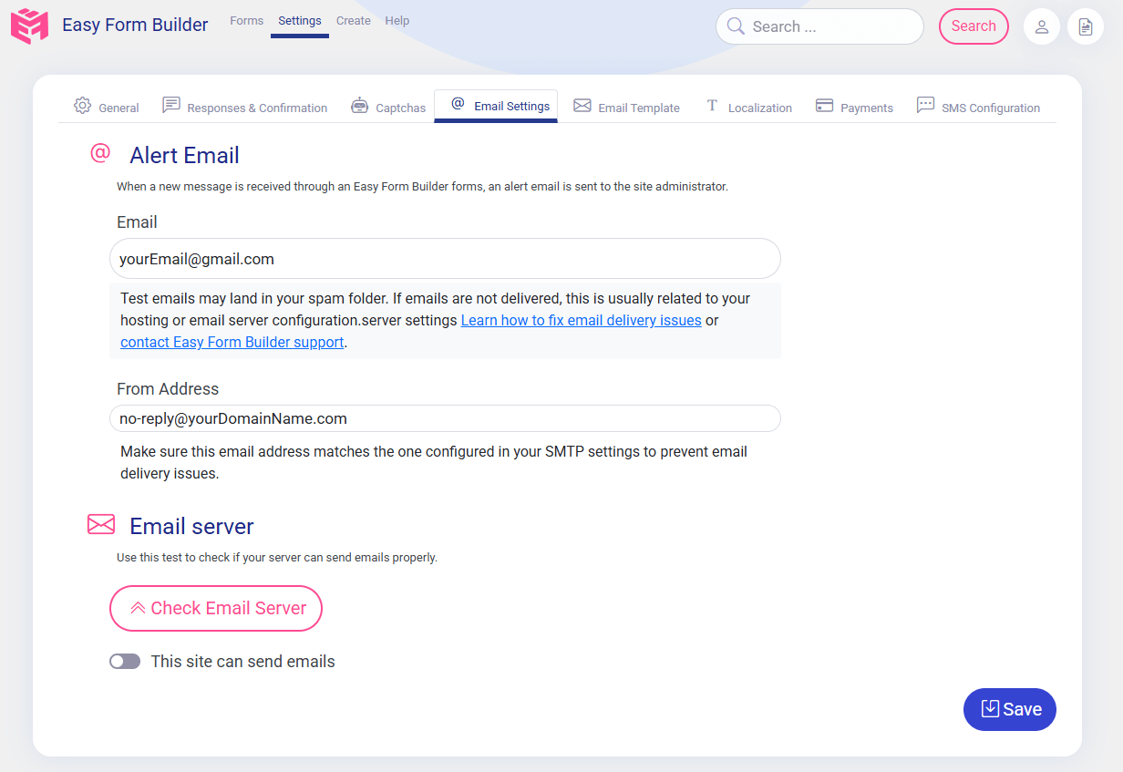 Email Setting of Easy Form Builder