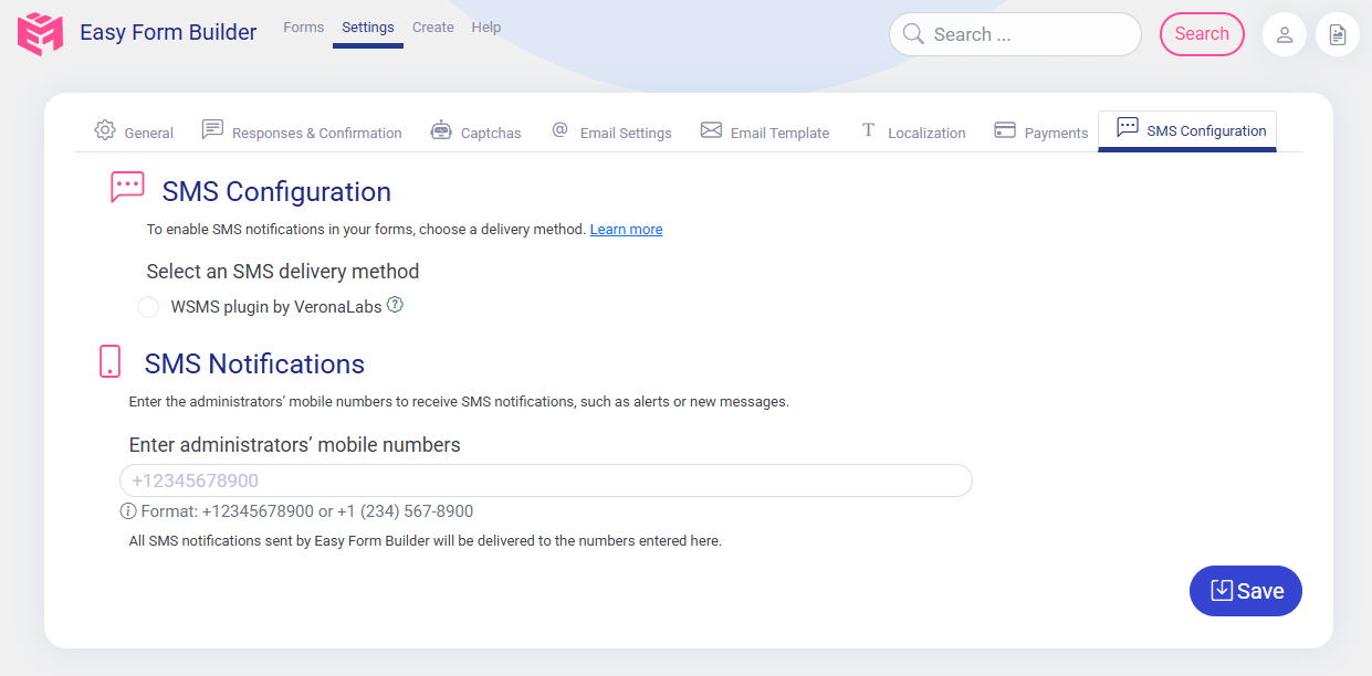 SMS configuration of Easy From Builder