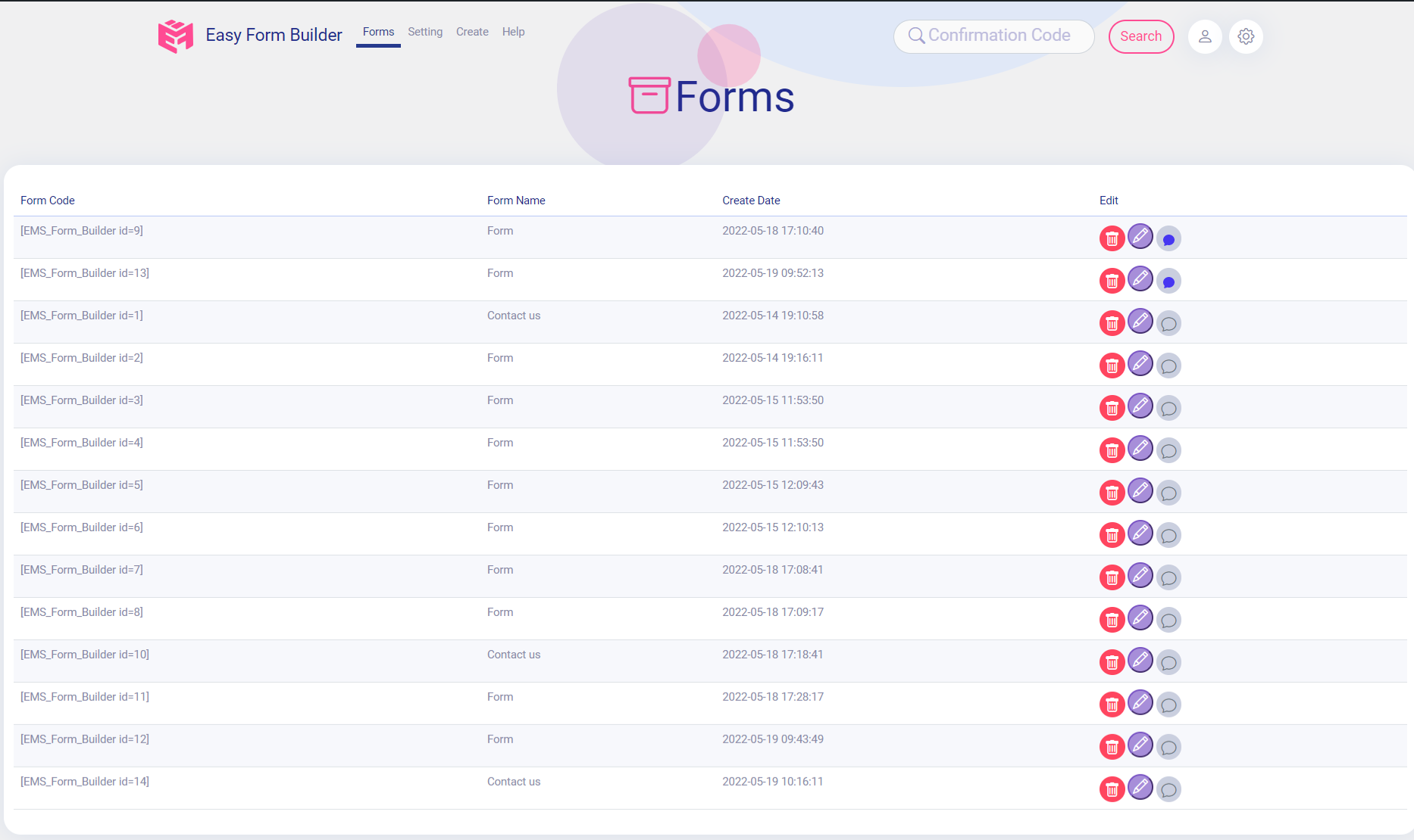 Panel of Easy Form Builder